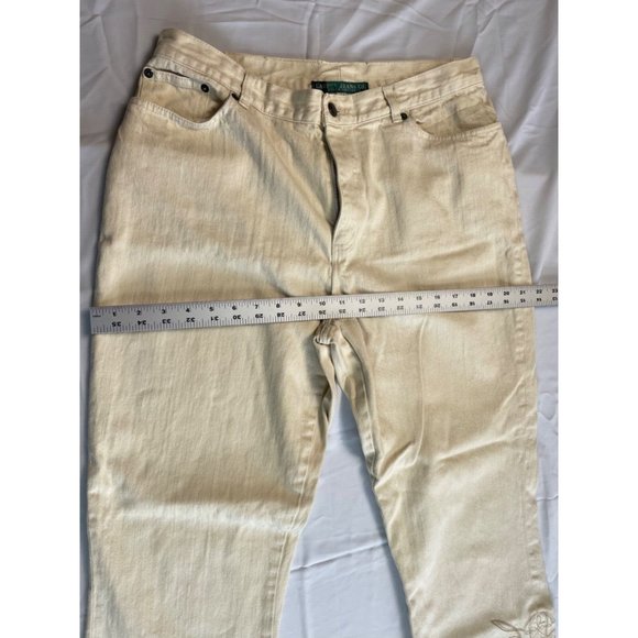 Ralph Lauren Jeans Co Size 14 Tan Wide Leg Denim Mid Rise Stretch 32 Embroidered - Picture 7 of 12